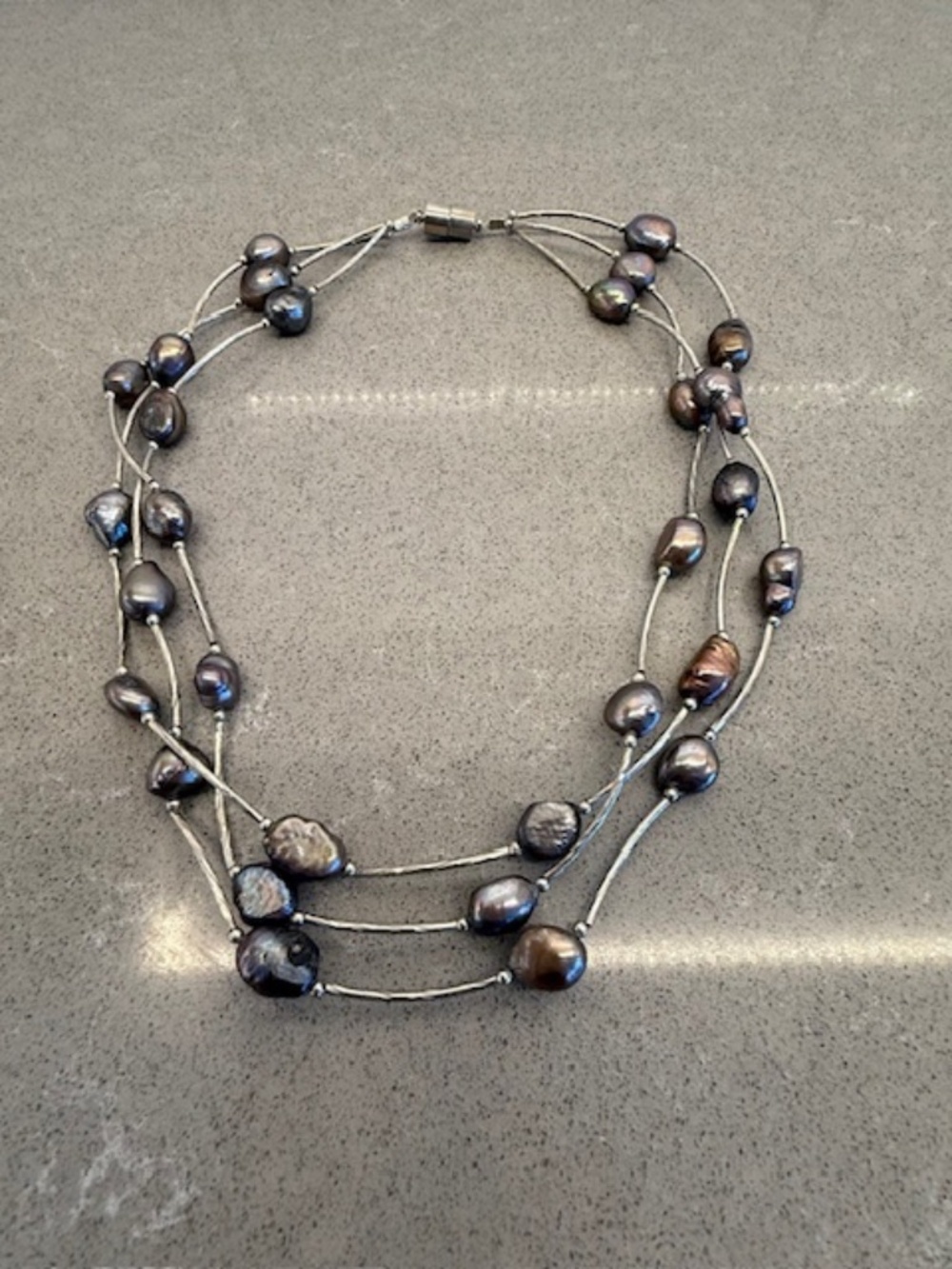 Women's Black Faux Pearl-like Rock Black Stone Triple Strand Knotted Silver Neck